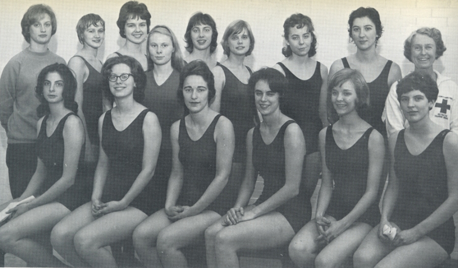 A black and white photo of the 1963 women's swim team.